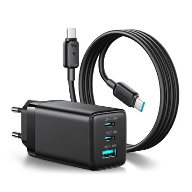Ładowarka sieciowa USB-A USB-C GaN 65W z kablem USB-C 100W 1.2m - czarna
