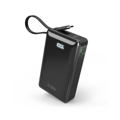 Powerbank 20000mAh USB-A USB-C z wyświetlaczem wbudowanym kablem USB-C 20W - czarny