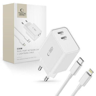 Ładowarka sieciowa C35W 2x USB-C z kablem USB-C - iPhone Lightning - biała
