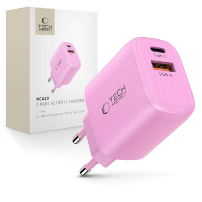 Ładowarka sieciowa USB-A USB-C NCA20 PD QC 20W - różowa