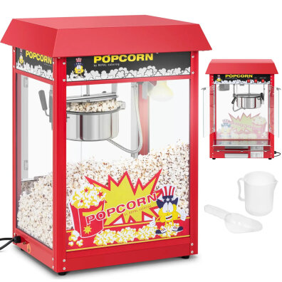 Barowa maszyna do popcornu z czerwonym daszkiem