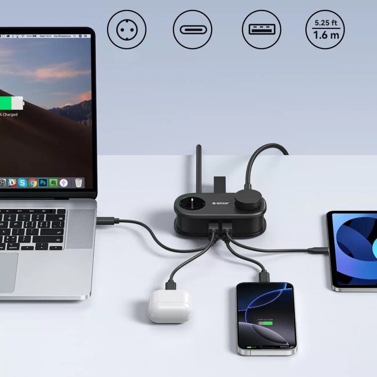 Listwa zasilająca 6w1 AC USB-A USB-C GaN 65W - czarna (5)