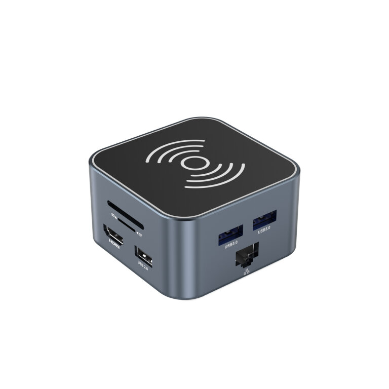 12w1 Hub z ładowarką bezprzewodową USB-A USB-C HDMI RJ45 SD TF mini jack - szary (2)