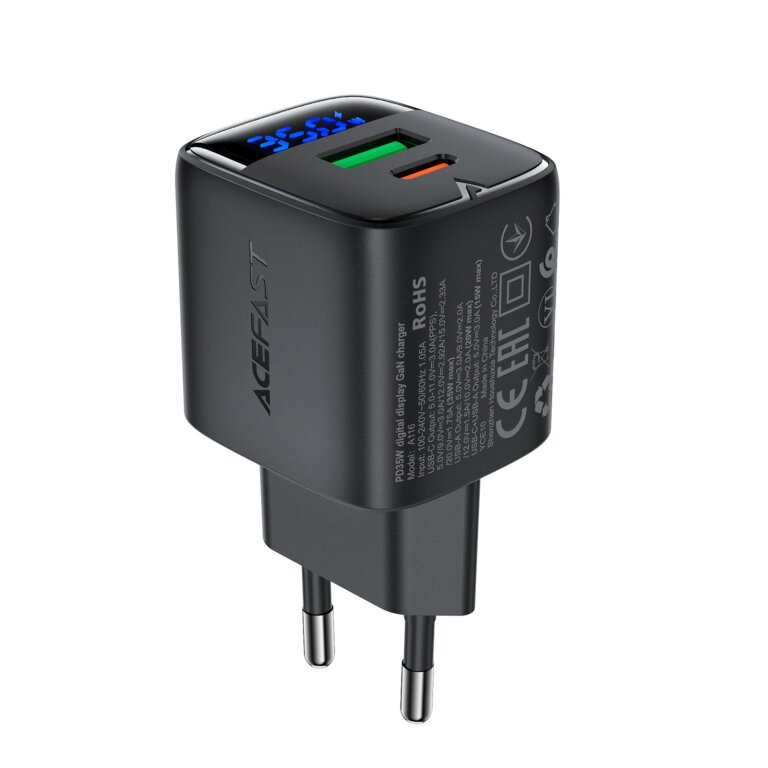 Ładowarka sieciowa z wyświetlaczem USB-A USB-C GaN PD 35W - czarna