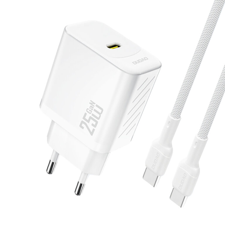 Ładowarka sieciowa USB-C z kablem USB-C GaN PD 25W - biała