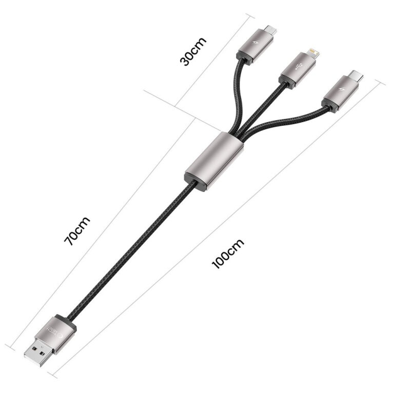 Kabel przewód 3w1 USB-A - Lightning / USB-C / micro USB 1m - szary (2)