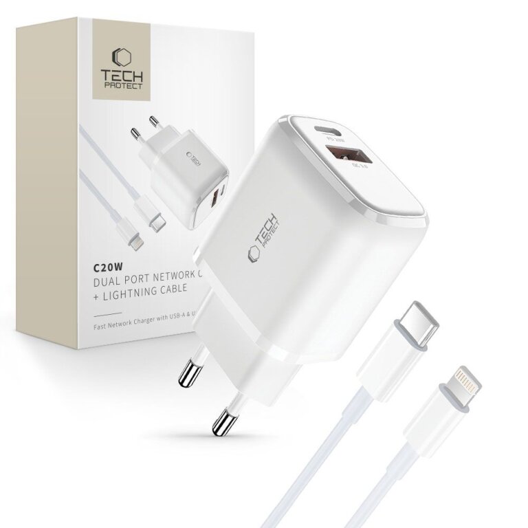 Ładowarka sieciowa USB-C PD 20W / USB-A QC 3.0 z kablem USB-C / iPhone Lightning - biała