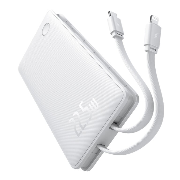 Powerbank 10000mAh 22.5W Airpow Lite z wbudowanymi kablami USB-C iPhone Lightning - biały