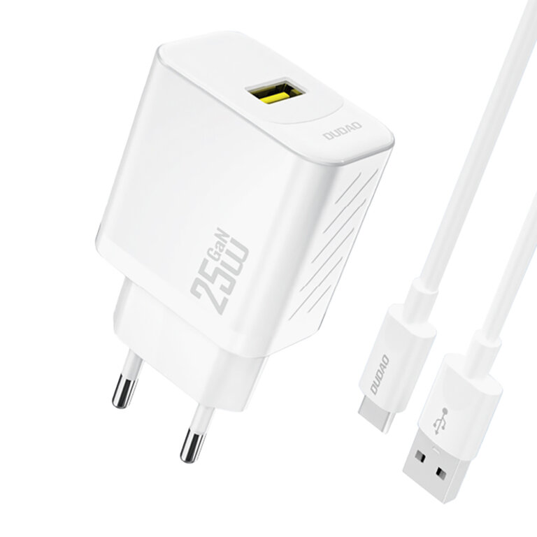 Ładowarka sieciowa USB-A z kablem USB-A - USB-C GaN 25W - biała