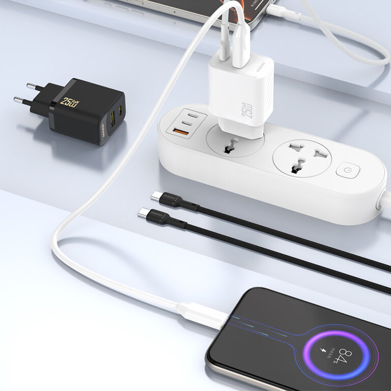 Szybka ładowarka sieciowa 25W USB-A USB-C - czarna (2)