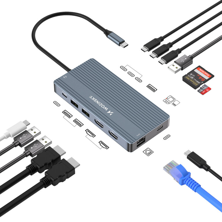 14w1 HUB do 3 monitorów USB-A USB-C DisplayPort HDMI RJ45 SD TF mini jack - szary (2)
