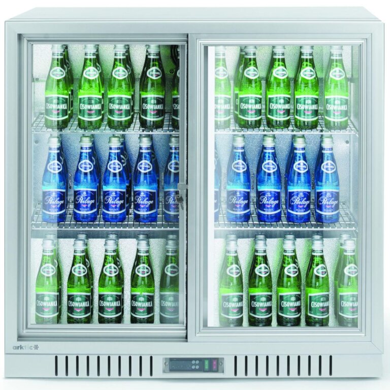 Lodówka chłodziarka barowa z 2 drzwiami suwanymi LED 150 l 160 W 90x52x84 cm - srebrna