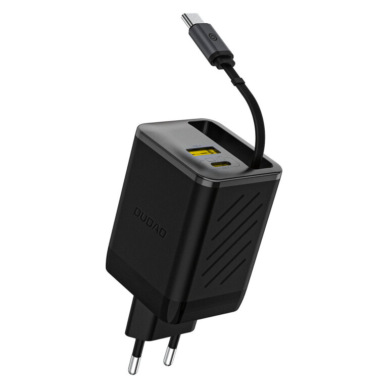 Ładowarka sieciowa USB-A USB-C GaN 67W z kablem zwijanym USB-C PD QC - czarna
