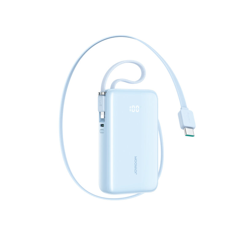 Powerbank 10000mAh 35W ze zwijanym kablem USB-C kablem-smyczą Lightning - niebieski