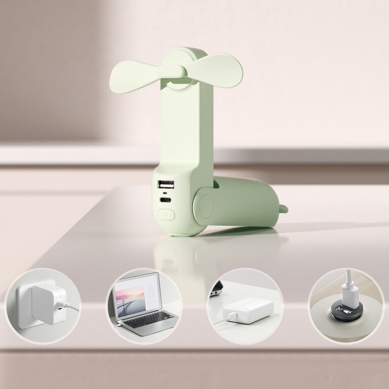Mini wentylator wiatrak przenośny z funkcją powerbanka latarką USB-A USB-C 2000mAh - zielony (2)