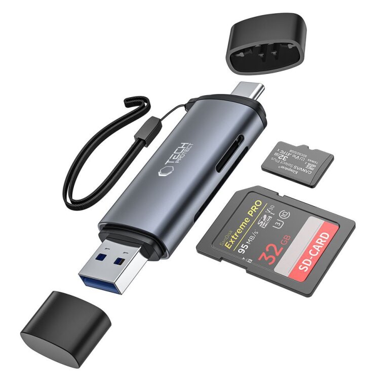 Czytnik kart pamięci SD / micro SD ze złączami USB-C / USB-A - szary