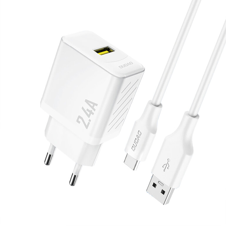 Ładowarka sieciowa USB-A z kablem USB-A - USB-C 2.4A GaN - biała