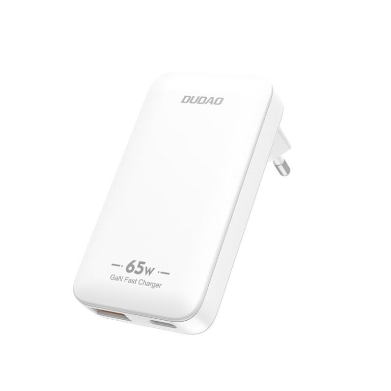 Ładowarka sieciowa podróżna ultracienka GaN 65W USB-A USB-C PD EU / US - biała